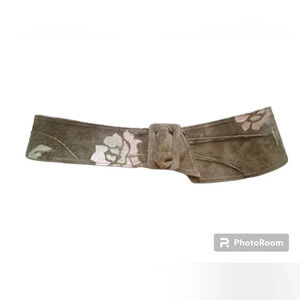 Unbranded Boho Lagenlook Suede Feel Belt Sage Green With Roses & Glitter Detail